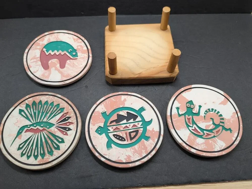 Southwestern Patterned Stone Engraved Coasters (4) In Holder